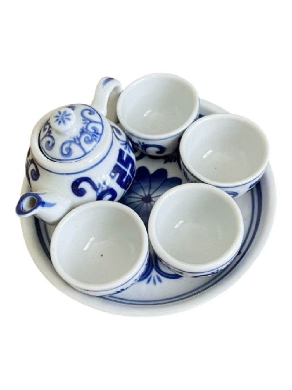 Miniature Chinese Tea Set, Blue & White, Tray, Pitcher, Four Cups.